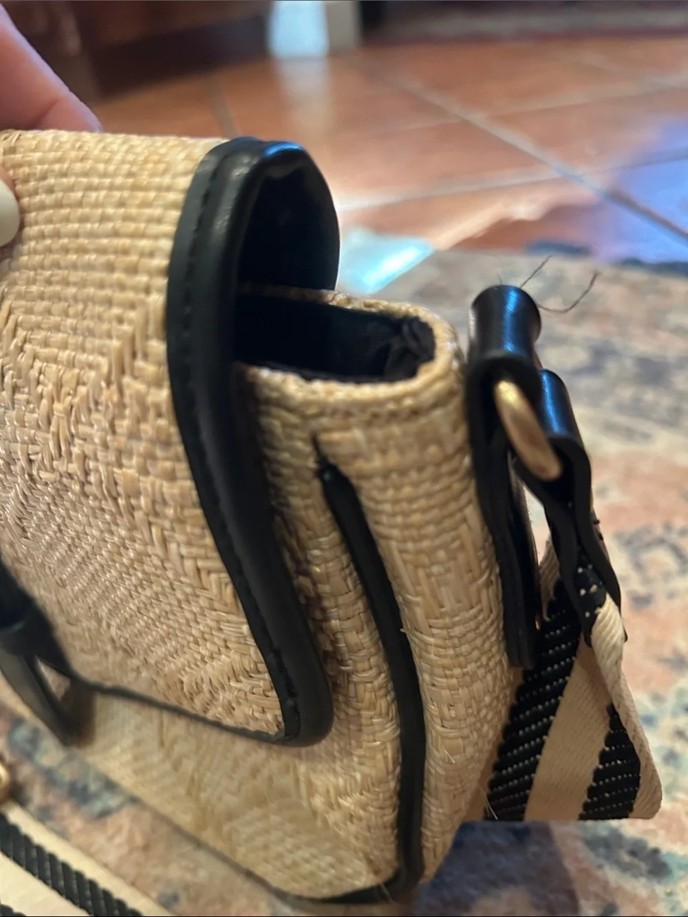 Neutral Woven Crossbody Bag with Black Trim and Striped Strap